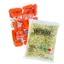 Prei fijn of spitskool
zak à 200 gram, andijvie fijn
zak à 250 gram of wortelen
geschrapt zak à 300 gram